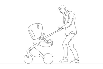 Young father on a walk with a baby in a stroller. Baby carriage. Fatherhood and upbringing.