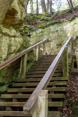 wood steps along limestone cliffs in a state park in southern Indiana USA