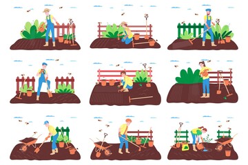 Farm, farming and agriculture set. A farmer worker works on a farm, orchard, or vegetable garden: digging the ground, making beds, planting seedlings of vegetables and fruits, and watering the plants.