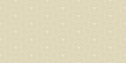 Old-fashioned background pattern with royal ornament on beige background, vintage style. Seamless pattern, texture for your design. Vector graphic 