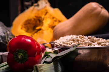 ingredients for preparation of locro traditional and typical Argentine food pepper paprika pumpkin pumpkin white bean corn onion green onion leek