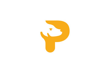 simple letter p pets care logo design, negative space unique concept, dog head, animal