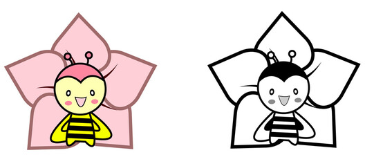 Set of two bees with flowers. Color and black and white version