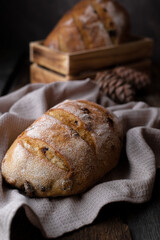 white homemade fermented bread with cedar nuts at dark wooden background