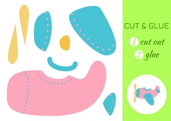Cut and glue paper cartoon pink plane. Cut and paste craft activity page. Educational game for preschool children. DIY worksheet. Kids logic game, activities jigsaw. Vector stock illustration.