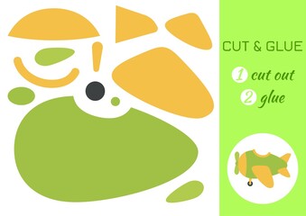 Cut and glue paper cartoon green plane. Cut and paste craft activity page. Educational game for preschool children. DIY worksheet. Kids logic game, activities jigsaw. Vector stock illustration.