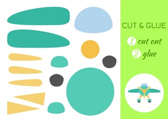 Cut and glue paper cartoon turqoise plane. Cut and paste craft activity page. Educational game for preschool children. DIY worksheet. Kids logic game, activities jigsaw. Vector stock illustration.