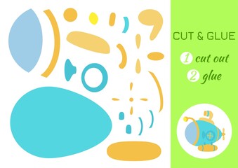 Cut and glue paper cartoon turquoise submarine. Cut and paste craft activity page. Educational game for preschool children. DIY worksheet. Kids logic game, activities jigsaw. Vector stock illustration
