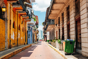 PANAMA CITY, PANAMA - june, 2019. Old buildings in the old part of Panama City