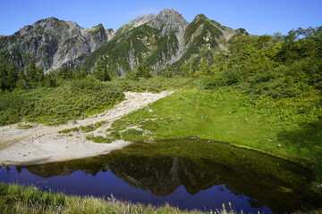 北アルプス八方尾根、唐松岳から五竜岳への登山風景、池に映る逆さ五竜岳