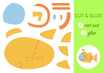 Cut and glue paper cartoon yellow submarine. Cut and paste craft activity page. Educational game for preschool children. DIY worksheet. Kids logic game, activities jigsaw. Vector stock illustration.