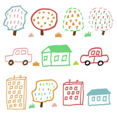 Set of illustrations with city life, houses, trees, cars. Set of trendy, modern textures.