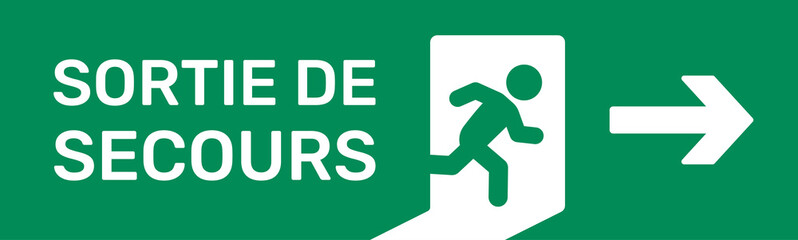 Sortie de secours panneau vert de signalétique en cas d'urgence. Personne qui court vers la porte pour sortir. © Icons-Studio