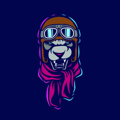 Funny funky aviator pilot lion Line. Pop Art logo. Colorful design with dark background. Abstract vector illustration.