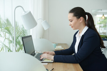 Pretty young businesswoman working on laptop at desk in her home office