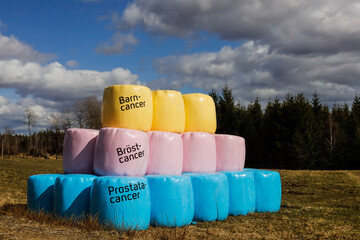 Halmstad, Sweden Colored hay bales, with signs in Swedish saying: yellow: child cancer, pink:...