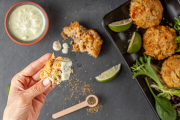 made with blue crab caught in Chesapeake bay, Crab cake is a favorite dish in the state of Maryland. Meat is mixed with sauces, crumbles, seasoning and vegetables and shaped in to patties to grill