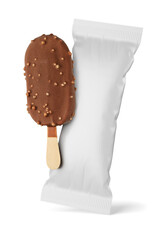 Chocolate popsicle with nuts and clean package isolated. 3D rendering and photo.