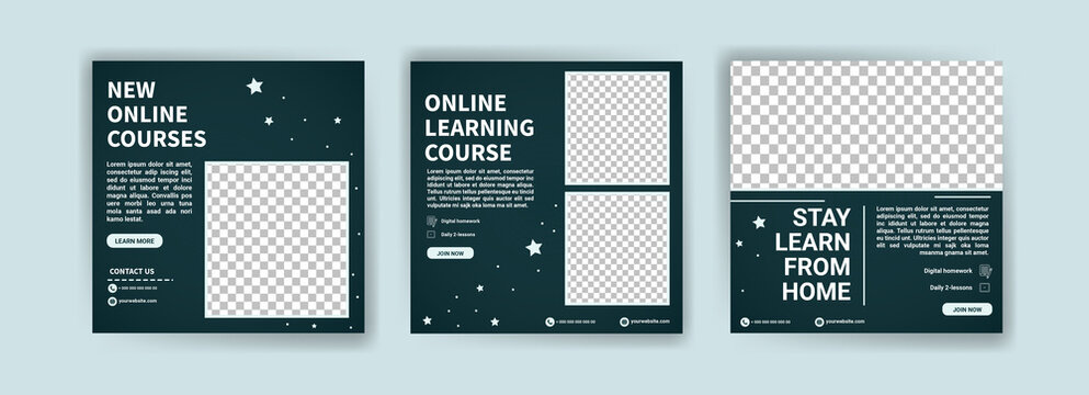 Digital learning. Online courses and classes. Social media post templates for digital marketing and promotion. Advertisements for webinars. Keep studying even at home.