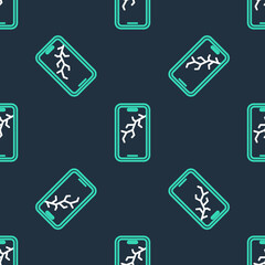 Line Smartphone with broken screen icon isolated seamless pattern on black background. Shattered phone screen icon. Vector