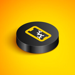 Isometric line Smartphone with broken screen icon isolated on yellow background. Shattered phone screen icon. Black circle button. Vector