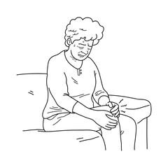 Old woman sitting on couch holding her knee  in pain, a hand drawn vector illustration of an elderly lady sitting on a sofa suffers from arthritis, knee joint pain.