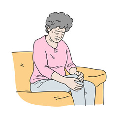 Elderly woman sitting on couch holding her knee  in pain, a hand drawn vector illustration of an old lady sitting on a sofa suffers from arthritis, knee joint pain.