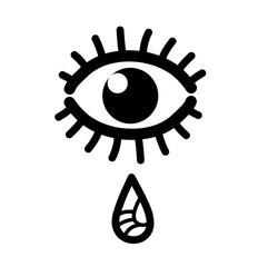 One eye and a teardrop doodle, a vector illustration of a single human eye with a teardrop isolated on white background.