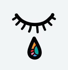 One closed eye and a rainbow teardrop colors, a vector doodle illustration of a closed human eye with a colorful teardrop isolated on light gray background.