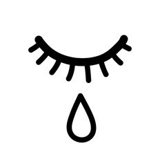 One closed eye and a teardrop doodle, a vector illustration of a closed human eye with a teardrop outline isolated on white background.