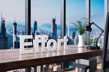 effort; office chair in front of modern workspace and panoramic skyline view; career concept; 3D Illustration