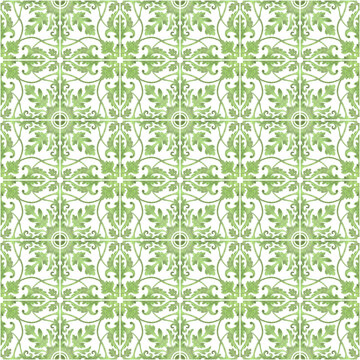 Seamless pattern with floral ornament - vintage ceramic tiles in azulejo design with green flowers on white background. Art Nouveau style. Watercolor hand drawn painting illustration.