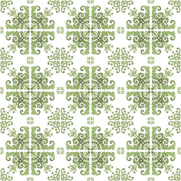 Seamless pattern with floral ornament - vintage ceramic tiles in azulejo design with green flowers on white background. Baroque style. Watercolor hand drawn painting illustration.