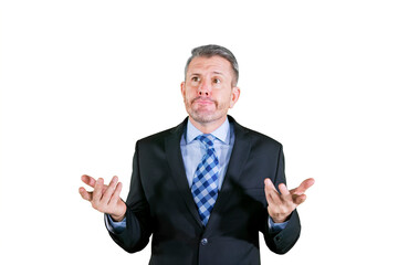 Adult businessman feeling confused in studio
