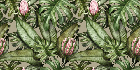 Seamless tropical pattern. Exotic background with protea flowers and tropical leaves. Vintage watercolor hand drawing illustration. Suitable for fabric design, wrapping paper, wallpaper