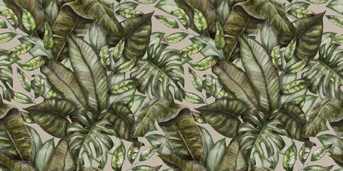 Seamless tropical pattern. Exotic background with palm leaves, monstera, colocasia, bananal leaves. Vintage watercolor hand drawing illustration. Suitable for fabric design, wrapping paper, wallpaper