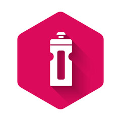White Fitness shaker icon isolated with long shadow background. Sports shaker bottle with lid for water and protein cocktails. Pink hexagon button. Vector