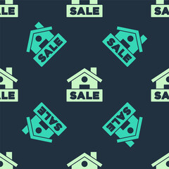 Fototapeta premium Green and beige Hanging sign with text Sale icon isolated seamless pattern on blue background. Signboard with text Sale. Vector