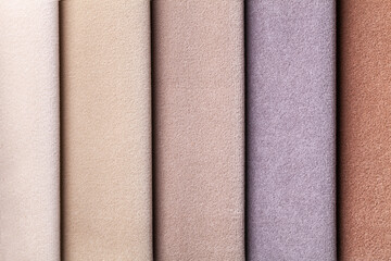 Sample of velvet textile brown and beige colors, background. Catalog and palette tone of Interior fabric for furniture