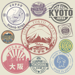 Travel stamps or adventure symbols set, Japan theme