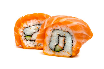 rolled sushi salmon nigiri isolated on white background, Japanese food