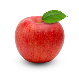 red apple with green leaf isolated on white background