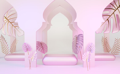 podium empty with arch and leaf palm in pink composition for modern stage display and minimalist mockup ,abstract showcase background ,Concept 3d illustration or 3d render
