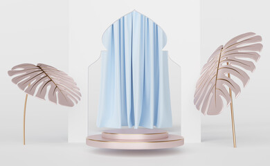 podium empty and blue curtain with arch and leaf monstera in white composition for modern stage display and minimalist mockup ,abstract showcase background ,Concept 3d illustration or 3d render