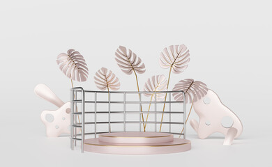 podium empty with leaf monstera in white composition for modern stage display and minimalist mockup ,abstract showcase background ,Concept 3d illustration or 3d render