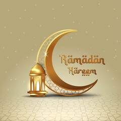 Ramadan Kareem islamic design crescent moon and  lantern with arabic pattern and calligraphy © wong nerimo