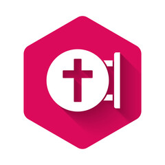 White Christian cross icon isolated with long shadow background. Church cross. Pink hexagon button. Vector