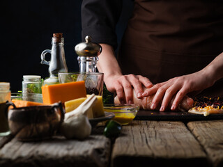 Chef Cooks Chicken Dried Fruits Recipes Cooking Freeze Motion Dark Background