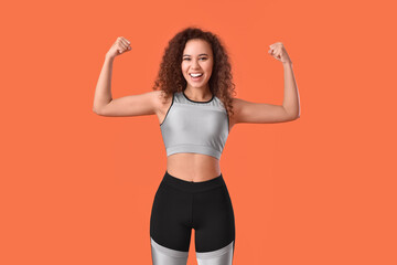 Beautiful young woman training on color background