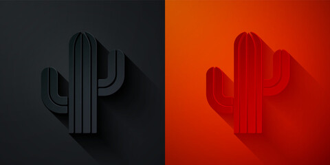 Paper cut Cactus icon isolated on black and red background. Paper art style. Vector